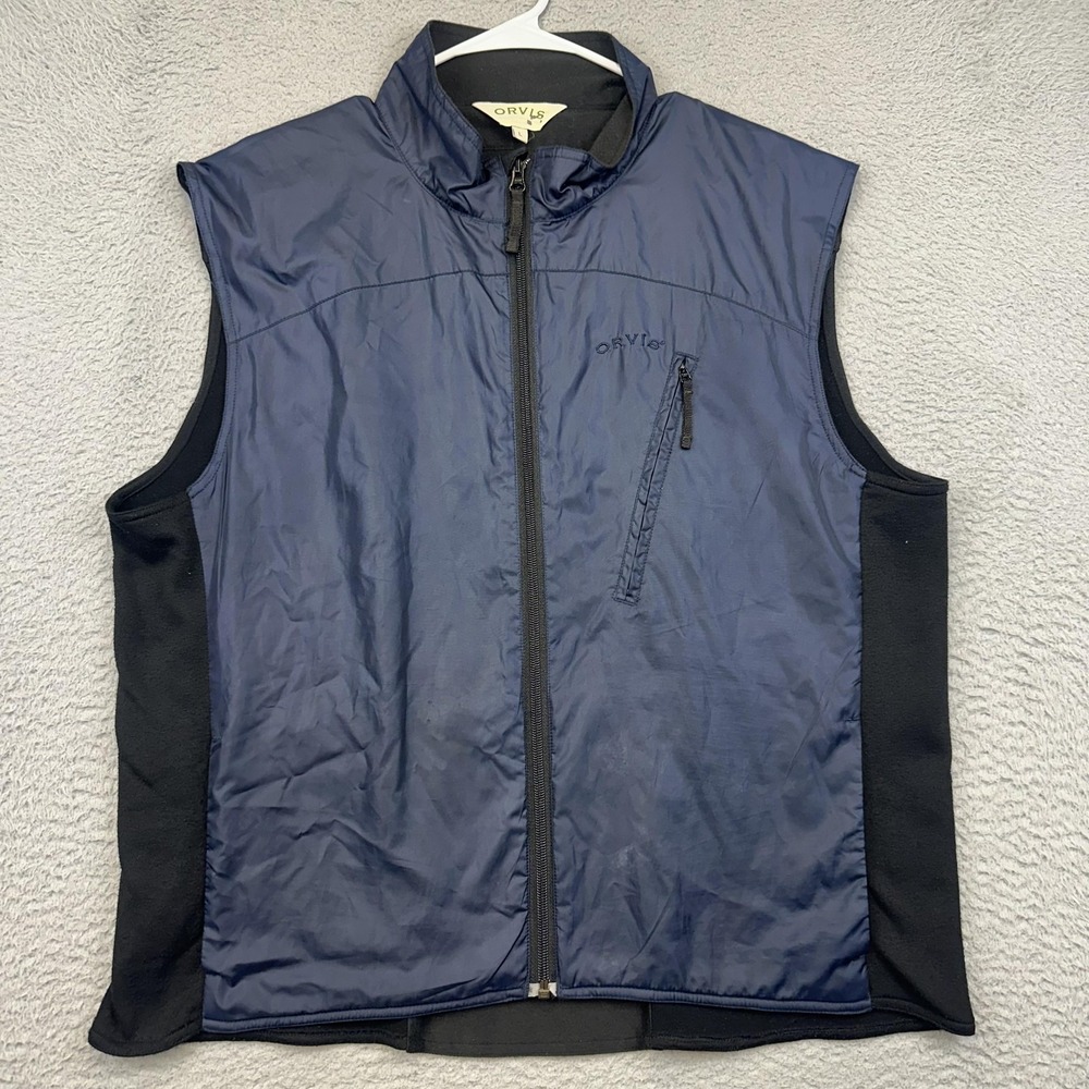 Orvis Vest Mens Large Blue Black Full Zip Fleece Lined Outdoor Hiking Layer